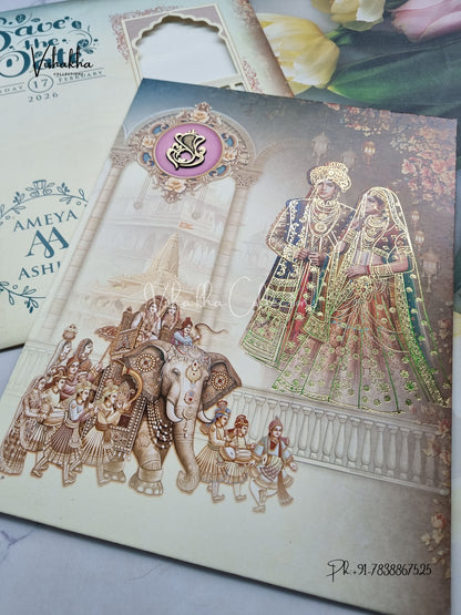 Barat Hathi Dulah Dulhan Hindu Light Blue Colored invitation Cards NA-1125-41