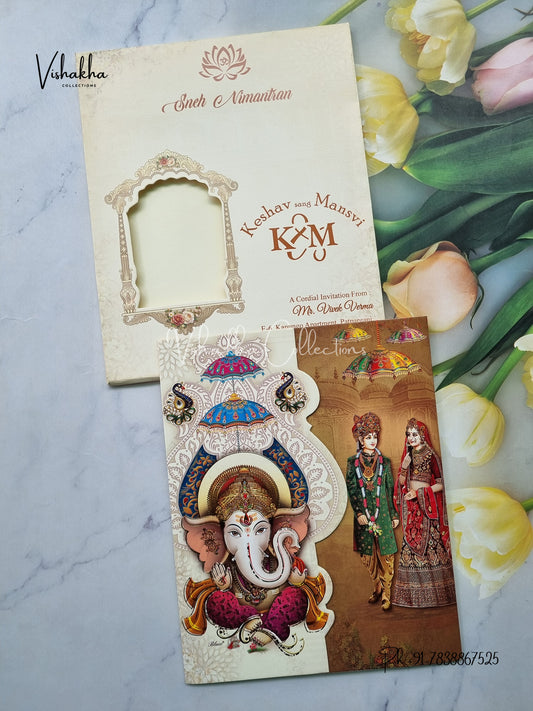Semi Box Ganesh Ji Dulah Dulhan Double Door Hindu Cream And Mehndi Green Colored invitation Cards NA-1125-45