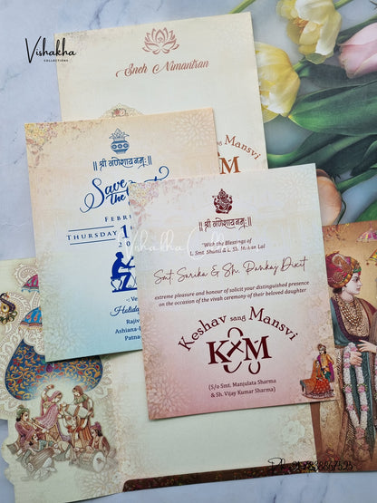 Semi Box Ganesh Ji Dulah Dulhan Double Door Hindu Cream And Mehndi Green Colored invitation Cards NA-1125-45