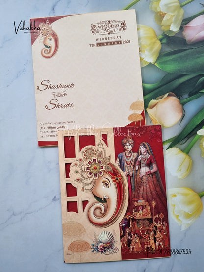 Barat Semi Box Ganesh Ji Dulah Dulhan Double Door Hindu Light Brown And Red Colored invitation Cards NA-1125-46