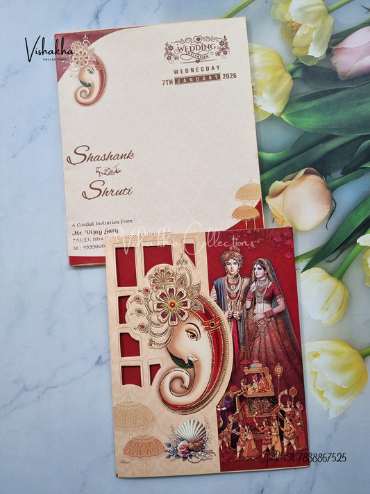 Barat Semi Box Ganesh Ji Dulah Dulhan Double Door Hindu Light Brown And Red Colored invitation Cards NA-1125-46