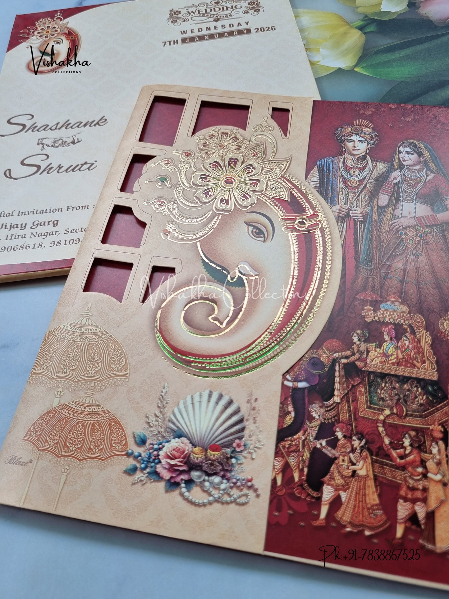 Barat Semi Box Ganesh Ji Dulah Dulhan Double Door Hindu Light Brown And Red Colored invitation Cards NA-1125-46