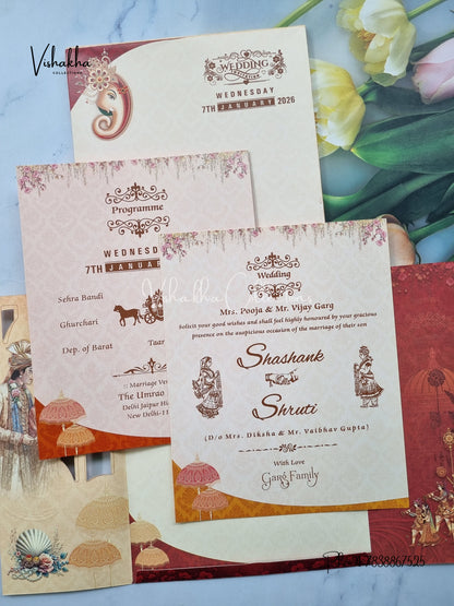 Barat Semi Box Ganesh Ji Dulah Dulhan Double Door Hindu Light Brown And Red Colored invitation Cards NA-1125-46