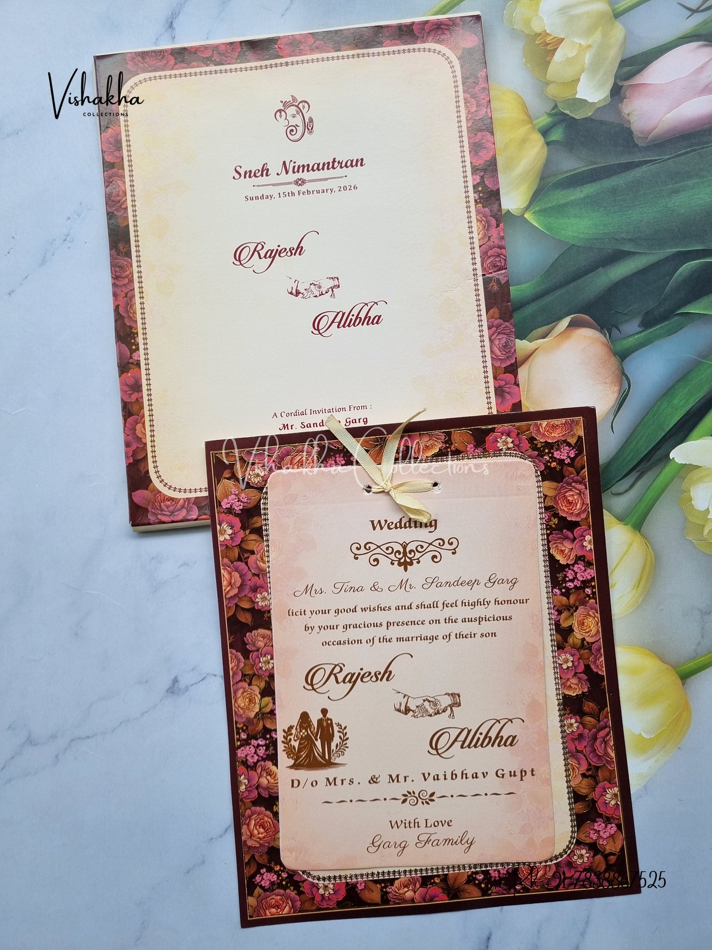Semi Box Flower Hindu Muslim Christian Sikh Light Yellow Brown Colored invitation Cards NA-1125-53