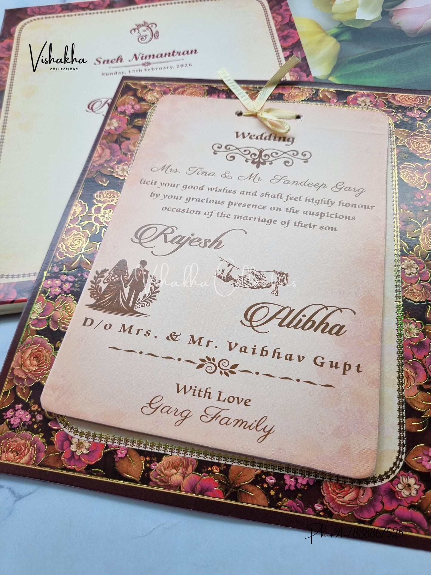 Semi Box Flower Hindu Muslim Christian Sikh Light Yellow Brown Colored invitation Cards NA-1125-53