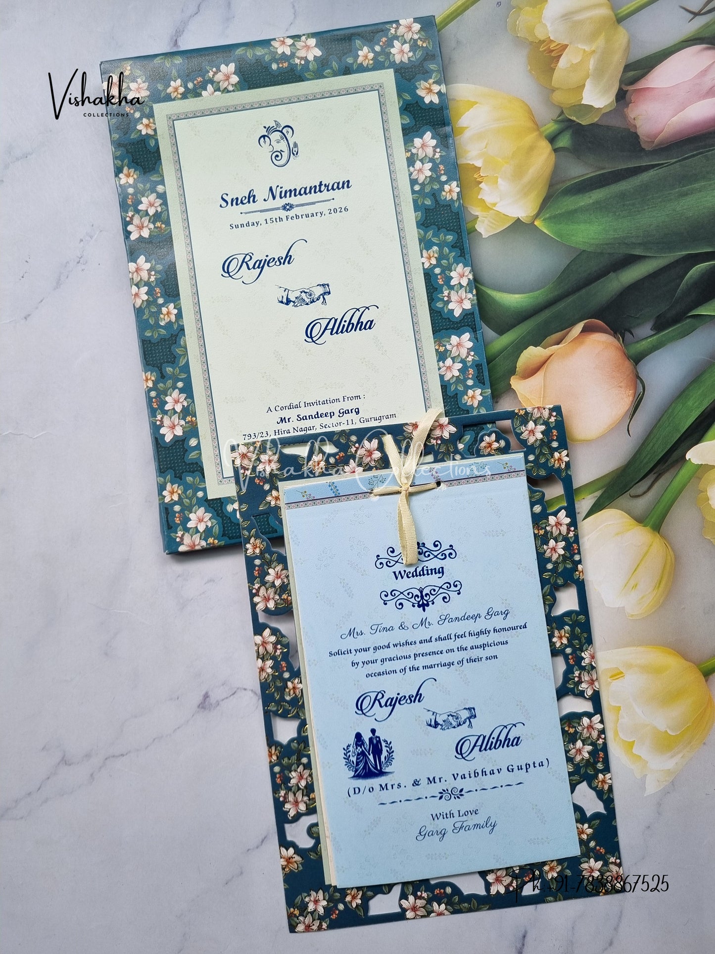 Semi Box Flower Hindu Muslim Christian Sikh Aqua Blue Colored invitation Cards NA-1125-54