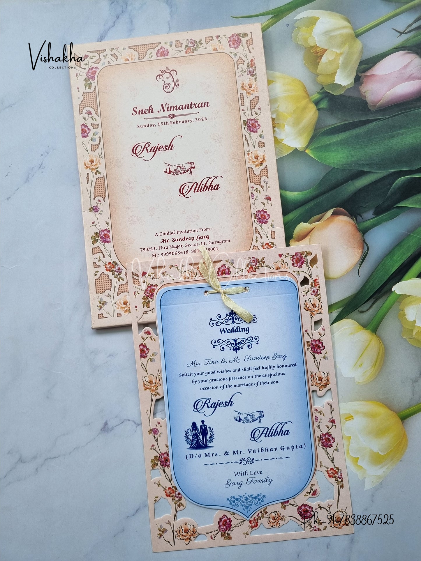 Semi Box Flower Hindu Muslim Christian Sikh Peach Colored invitation Cards NA-1125-55