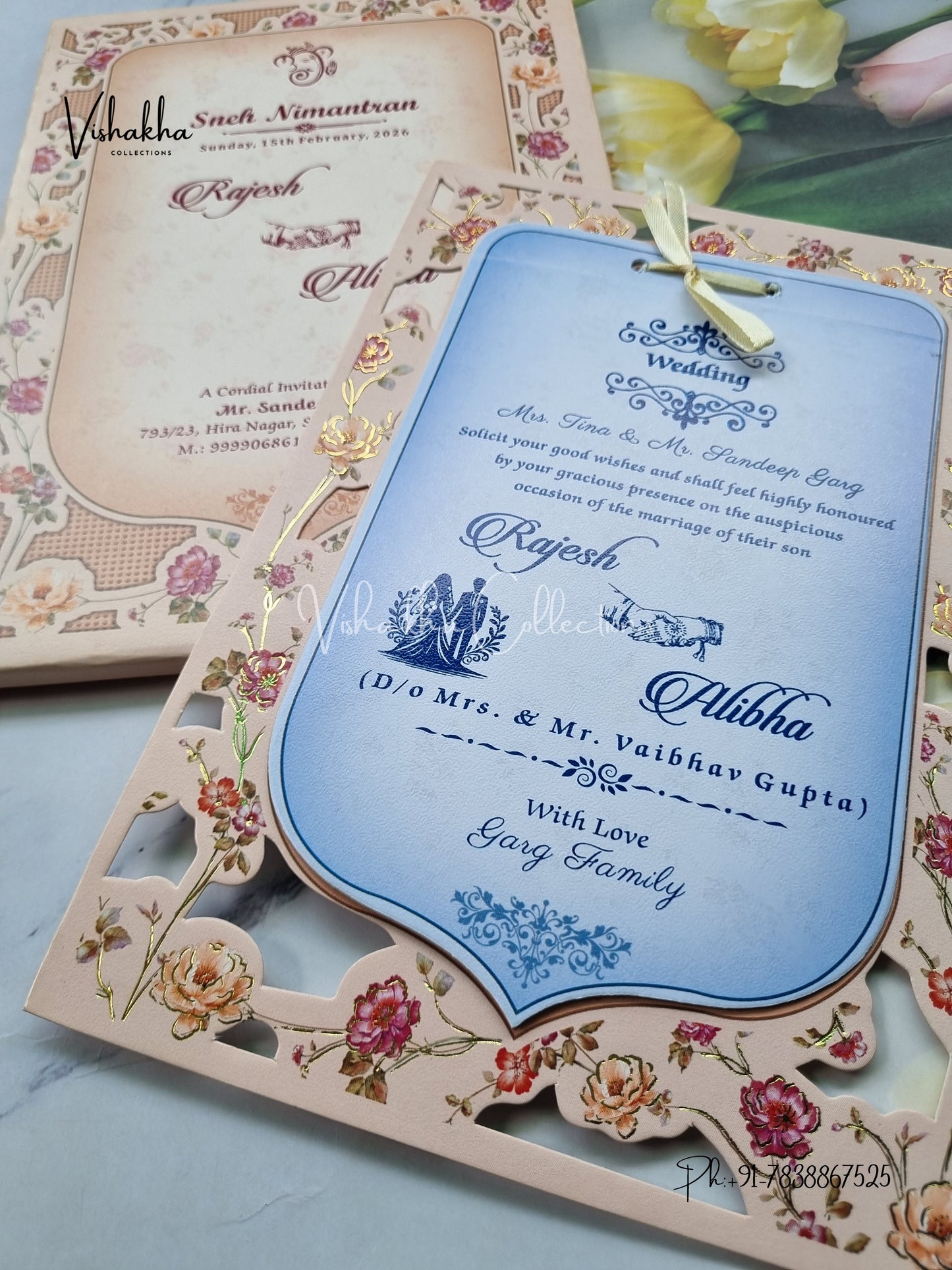 Semi Box Flower Hindu Muslim Christian Sikh Peach Colored invitation Cards NA-1125-55