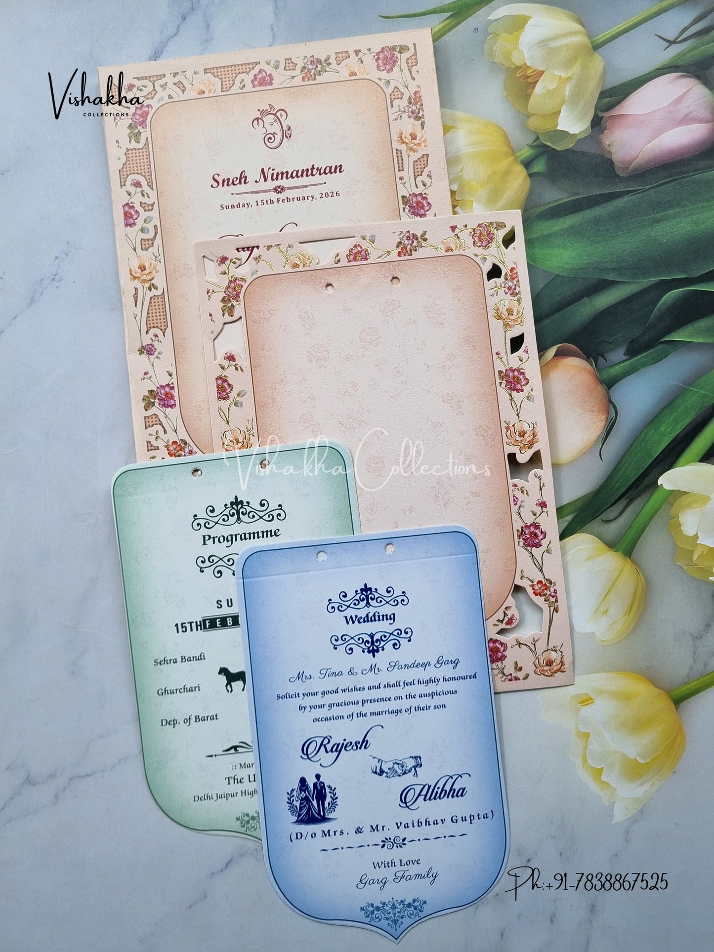 Semi Box Flower Hindu Muslim Christian Sikh Peach Colored invitation Cards NA-1125-55