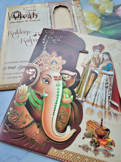 Ganesh Ji Dulah Dulhan Hindu Brown Colored invitation Cards NA-1125-59