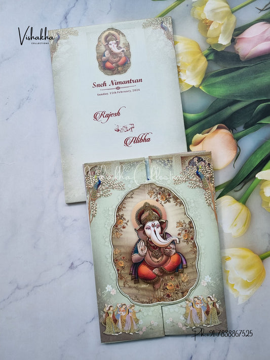 Radha Krishna Peacock Semi Box Ganesh Ji Double Door Hindu Pastel Green Colored invitation Cards NA-1125-65