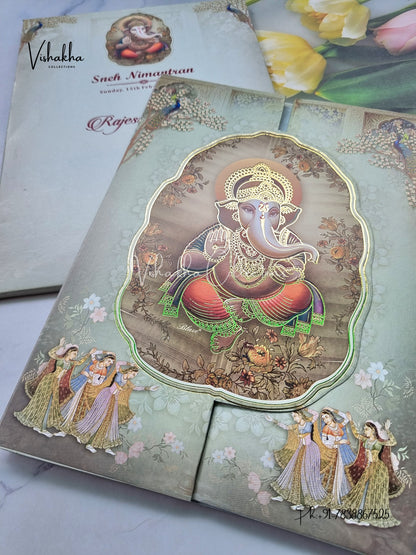 Radha Krishna Peacock Semi Box Ganesh Ji Double Door Hindu Pastel Green Colored invitation Cards NA-1125-65