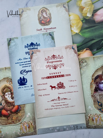 Radha Krishna Peacock Semi Box Ganesh Ji Double Door Hindu Pastel Green Colored invitation Cards NA-1125-65