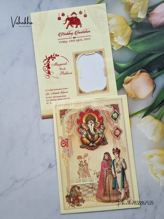Ganesh Ji Dulah Dulhan Hindu Light Yellow Colored invitation Cards NA-1125-66