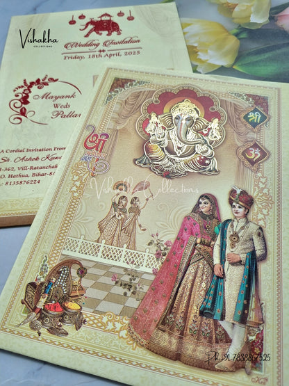 Ganesh Ji Dulah Dulhan Hindu Light Yellow Colored invitation Cards NA-1125-66