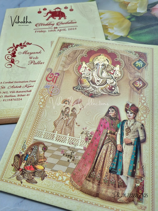 Ganesh Ji Dulah Dulhan Hindu Light Yellow Colored invitation Cards NA-1125-66