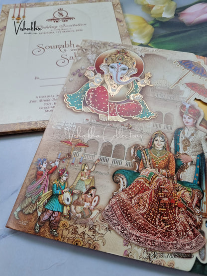 Semi Box Ganesh Ji Dulah Dulhan Hindu Light Yellow Colored invitation Cards NA-1125-67
