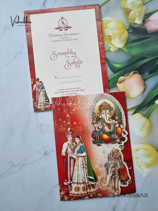 Semi Box Hathi Ganesh Ji Dulah Dulhan Hindu Red Multicolor Colored invitation Cards NA-1125-68