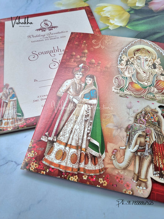 Semi Box Hathi Ganesh Ji Dulah Dulhan Hindu Red Multicolor Colored invitation Cards NA-1125-68