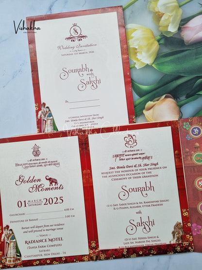 Semi Box Hathi Ganesh Ji Dulah Dulhan Hindu Red Multicolor Colored invitation Cards NA-1125-68