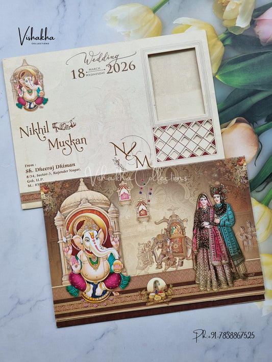 Barat Hathi Ganesh Ji Dulah Dulhan Hindu Brown Colored invitation Cards NA-1125-71