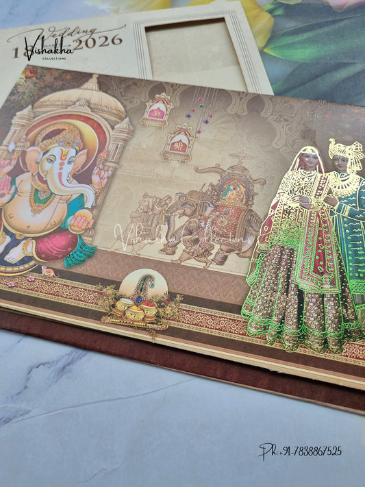 Barat Hathi Ganesh Ji Dulah Dulhan Hindu Brown Colored invitation Cards NA-1125-71