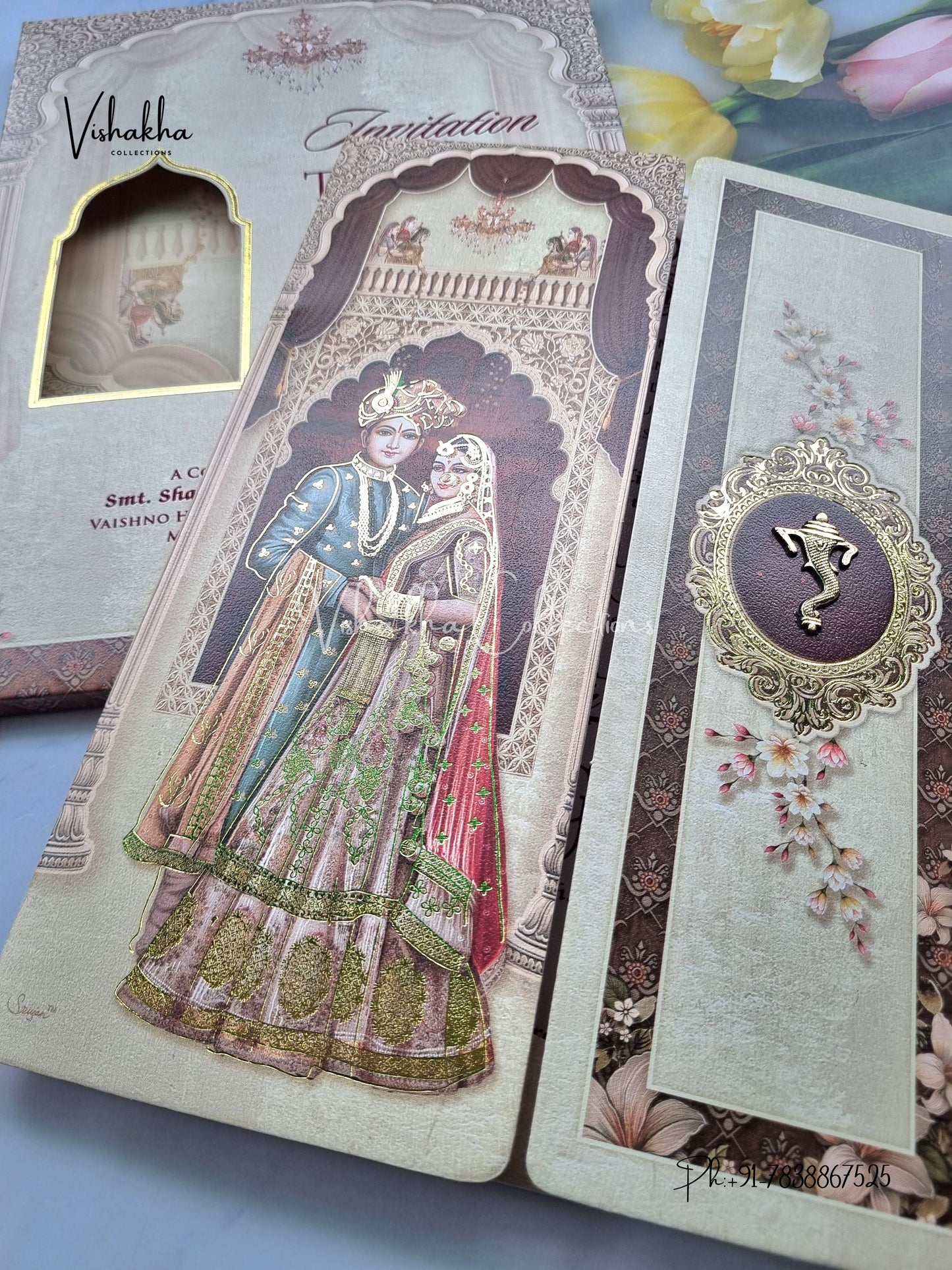 Semi Box Dulah Dulhan Double Door Hindu Light Brown Colored invitation Cards NA-1125-75