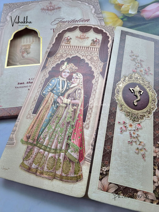 Semi Box Dulah Dulhan Double Door Hindu Light Brown Colored invitation Cards NA-1125-75