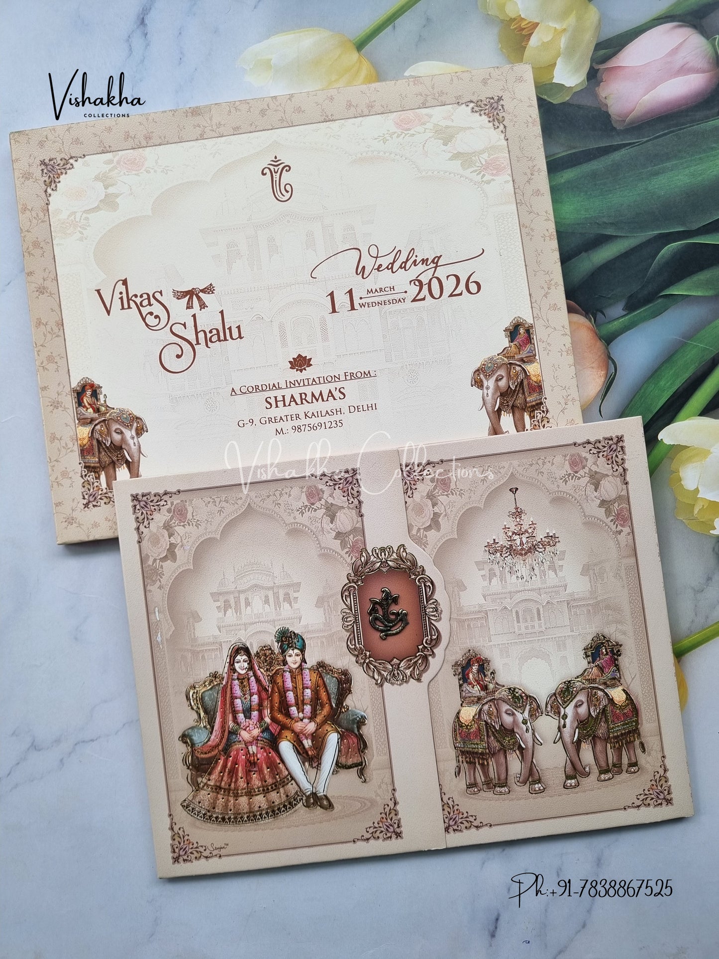 Semi Box Hathi Dulah Dulhan Double Door Hindu Light Brown Colored invitation Cards NA-1125-77