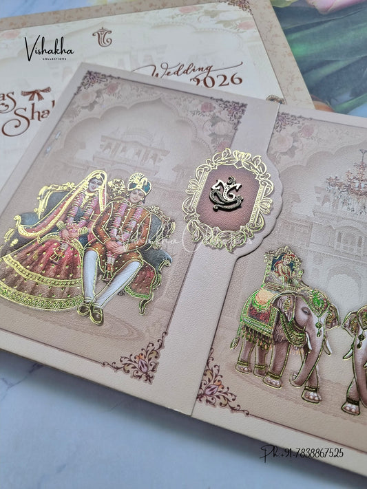 Semi Box Hathi Dulah Dulhan Double Door Hindu Light Brown Colored invitation Cards NA-1125-77