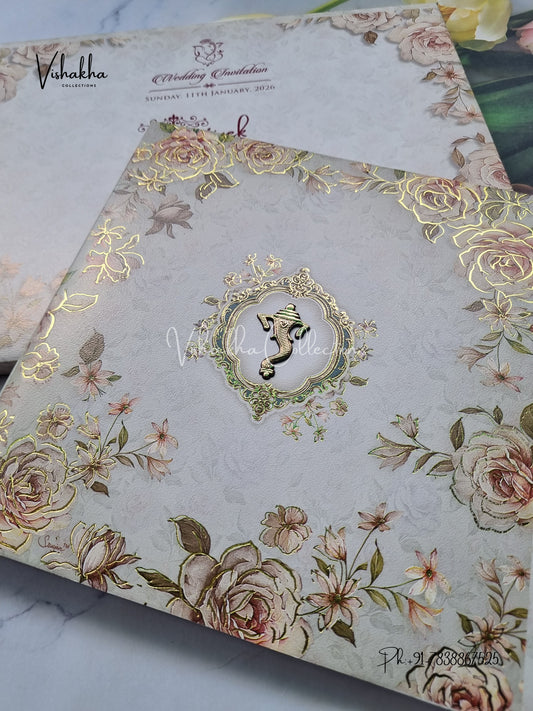 Semi Box Flower Hindu Muslim Christian Sikh Greyish Green Colored invitation Cards NA-1125-78