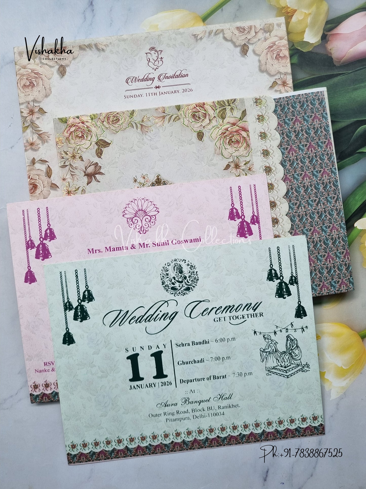 Semi Box Flower Hindu Muslim Christian Sikh Greyish Green Colored invitation Cards NA-1125-78