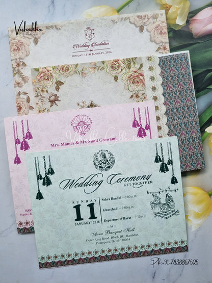 Semi Box Flower Hindu Muslim Christian Sikh Greyish Green Colored invitation Cards NA-1125-78