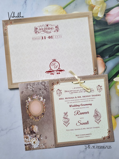 Semi Box Flower Hindu Muslim Christian Sikh Greyish Yellow Colored invitation Cards NA-1125-80