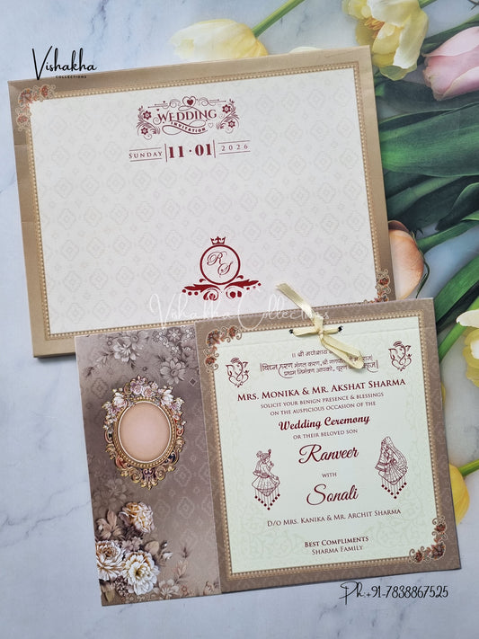 Semi Box Flower Hindu Muslim Christian Sikh Greyish Yellow Colored invitation Cards NA-1125-80