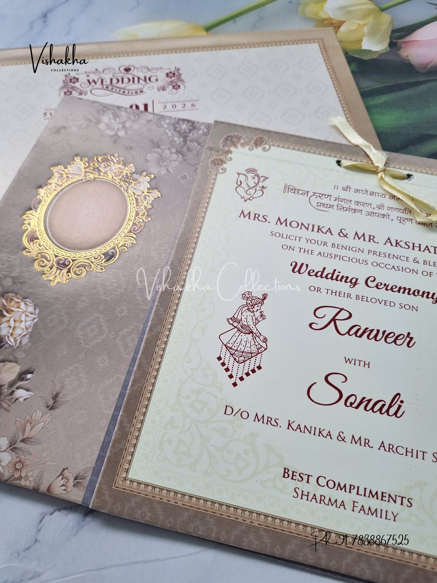 Semi Box Flower Hindu Muslim Christian Sikh Greyish Yellow Colored invitation Cards NA-1125-80