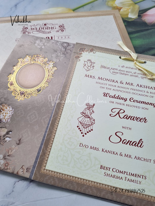 Semi Box Flower Hindu Muslim Christian Sikh Greyish Yellow Colored invitation Cards NA-1125-80