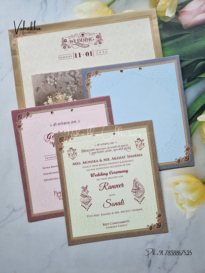 Semi Box Flower Hindu Muslim Christian Sikh Greyish Yellow Colored invitation Cards NA-1125-80