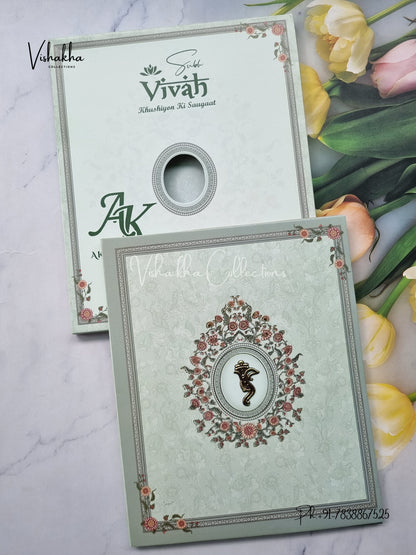 Semi Box Flower Hindu Muslim Christian Sikh Pastel Green Colored invitation Cards NA-1125-81