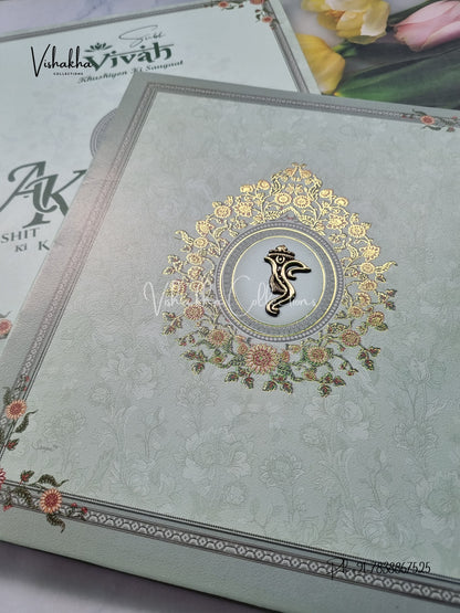 Semi Box Flower Hindu Muslim Christian Sikh Pastel Green Colored invitation Cards NA-1125-81