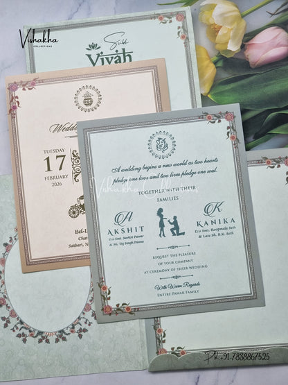 Semi Box Flower Hindu Muslim Christian Sikh Pastel Green Colored invitation Cards NA-1125-81