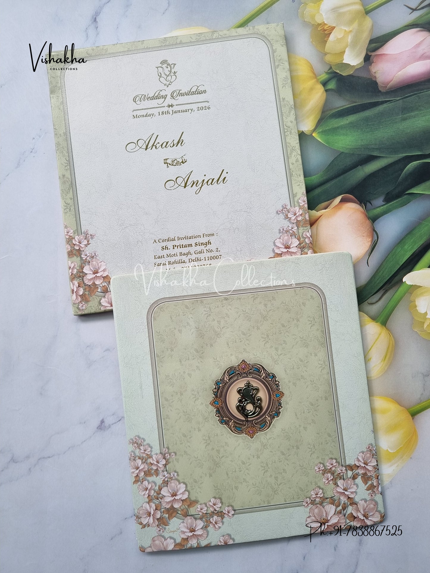 Semi Box Flower Hindu Muslim Christian Sikh Pastel Green Colored invitation Cards NA-1125-84