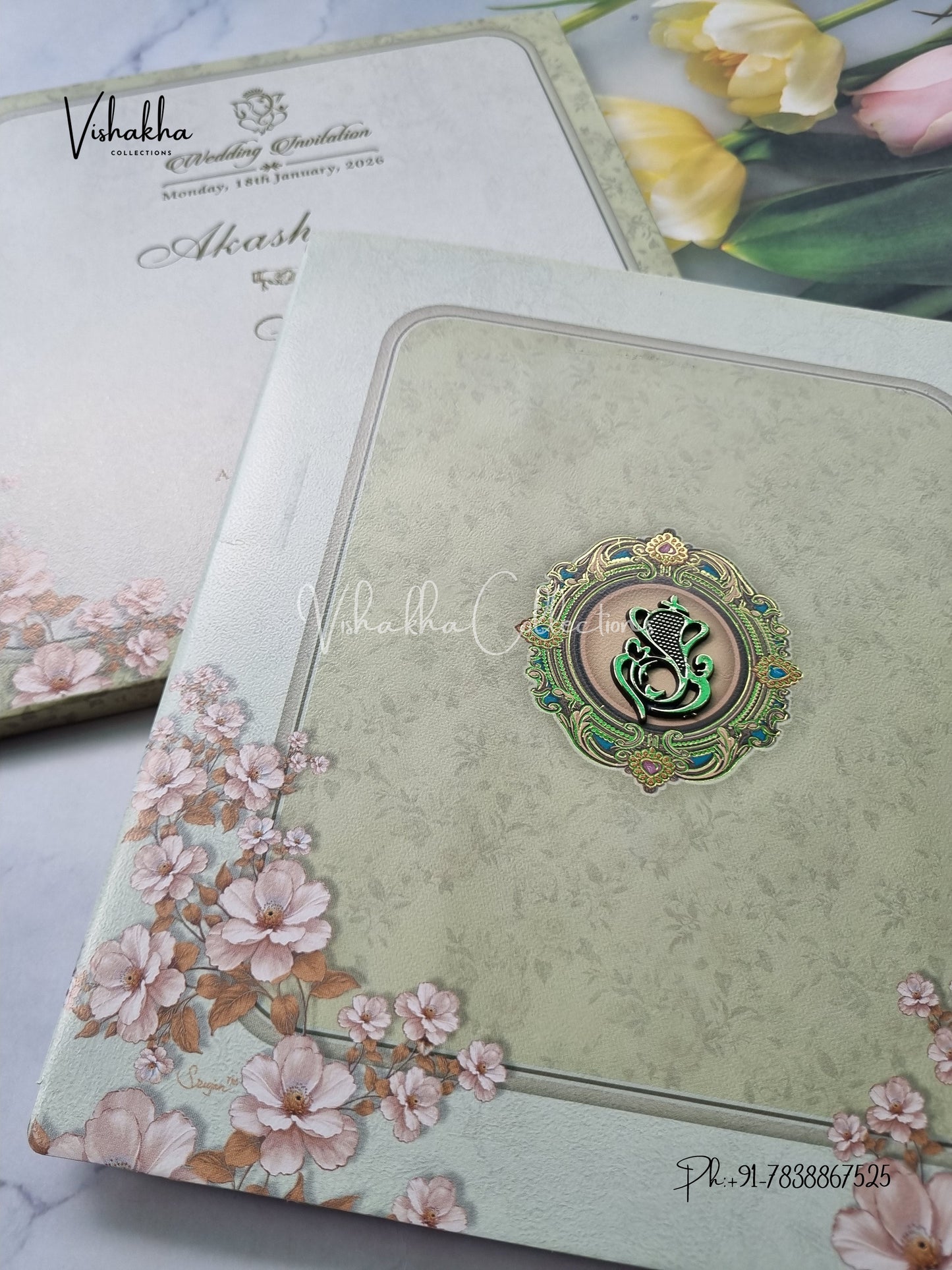 Semi Box Flower Hindu Muslim Christian Sikh Pastel Green Colored invitation Cards NA-1125-84