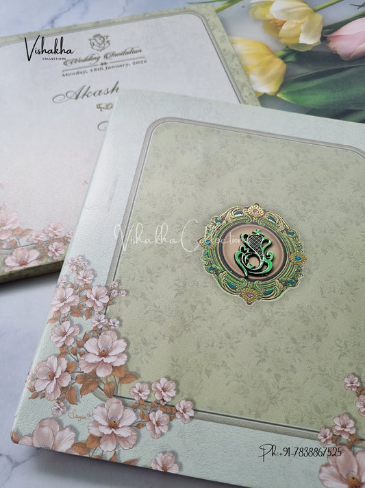 Semi Box Flower Hindu Muslim Christian Sikh Pastel Green Colored invitation Cards NA-1125-84