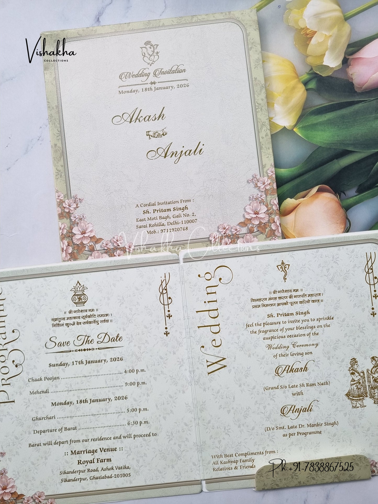 Semi Box Flower Hindu Muslim Christian Sikh Pastel Green Colored invitation Cards NA-1125-84