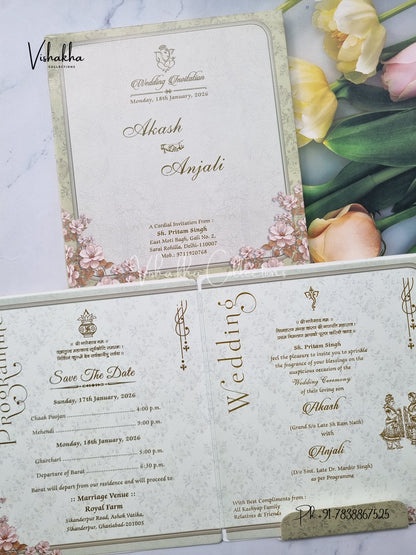 Semi Box Flower Hindu Muslim Christian Sikh Pastel Green Colored invitation Cards NA-1125-84