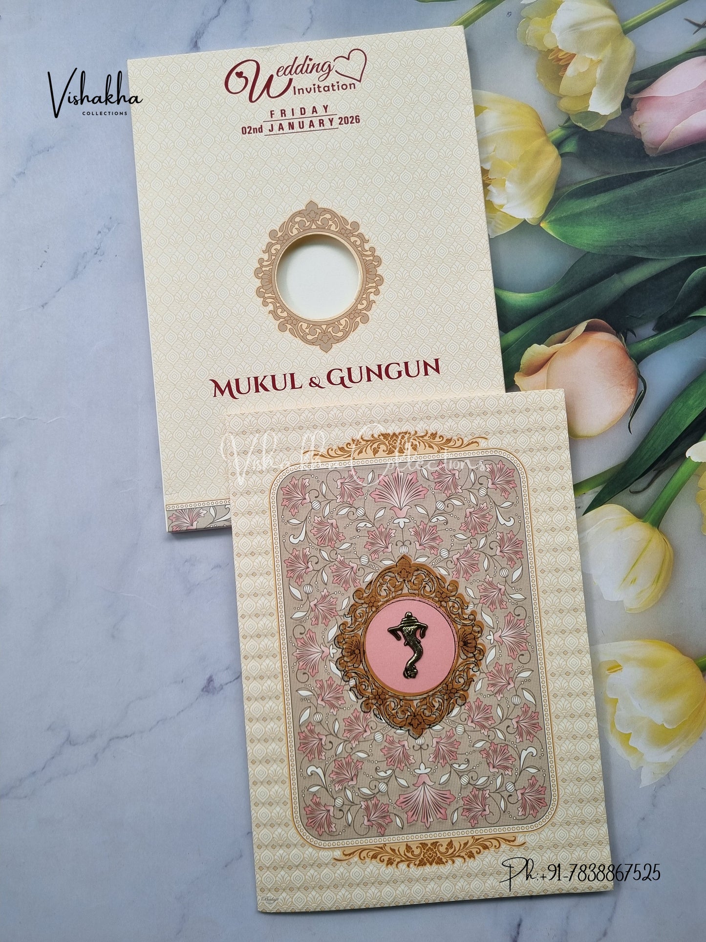 Semi Box Flower Hindu Muslim Christian Sikh Cream And Pink Colored invitation Cards NA-1125-91