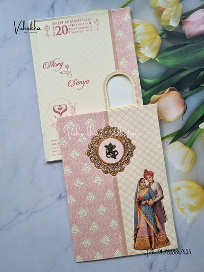 Semi Box Dulah Dulhan Flower Hindu Cream And Pink Colored invitation Cards NA-1125-92