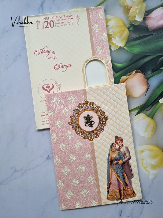 Semi Box Dulah Dulhan Flower Hindu Cream And Pink Colored invitation Cards NA-1125-92