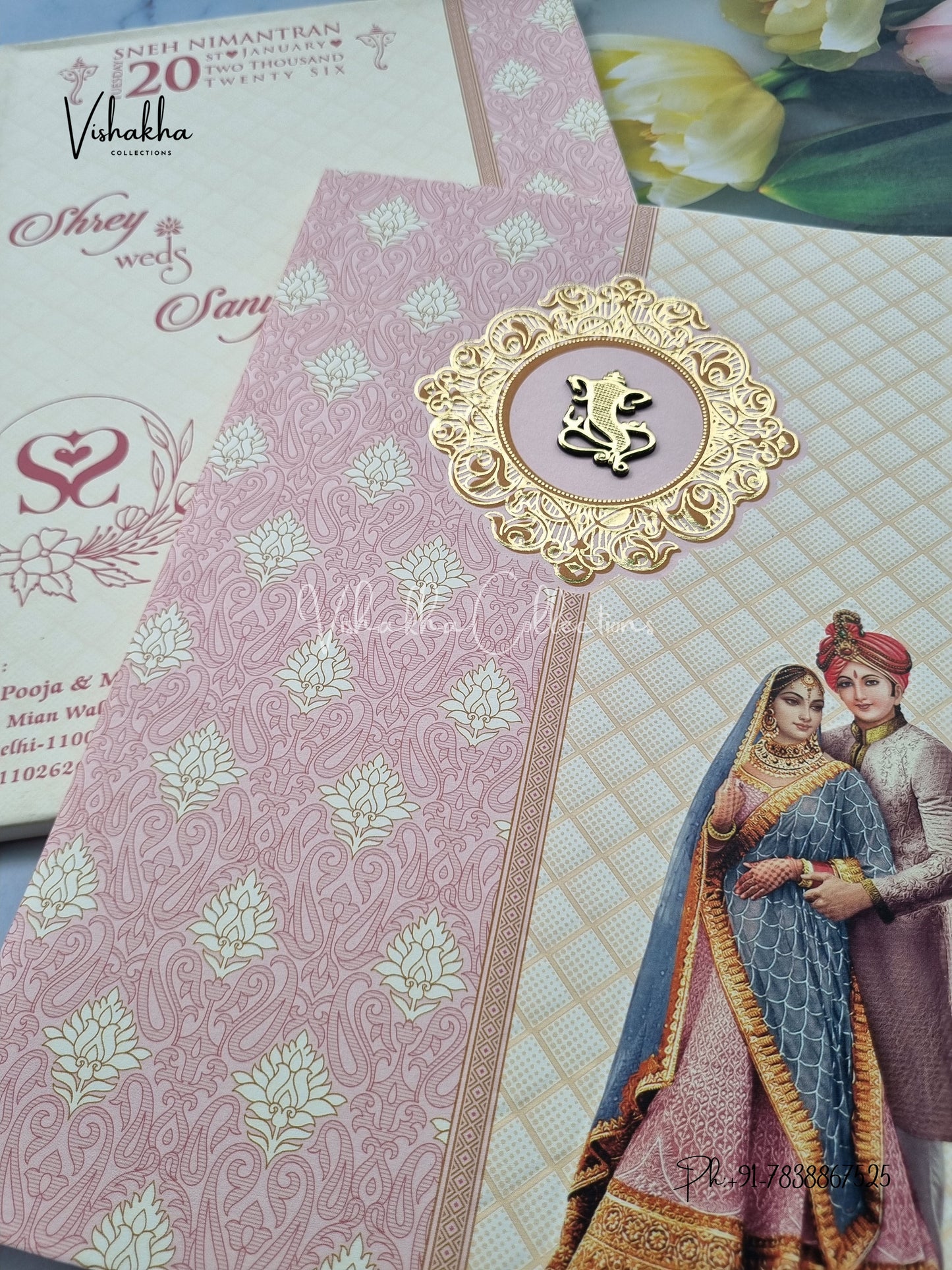Semi Box Dulah Dulhan Flower Hindu Cream And Pink Colored invitation Cards NA-1125-92